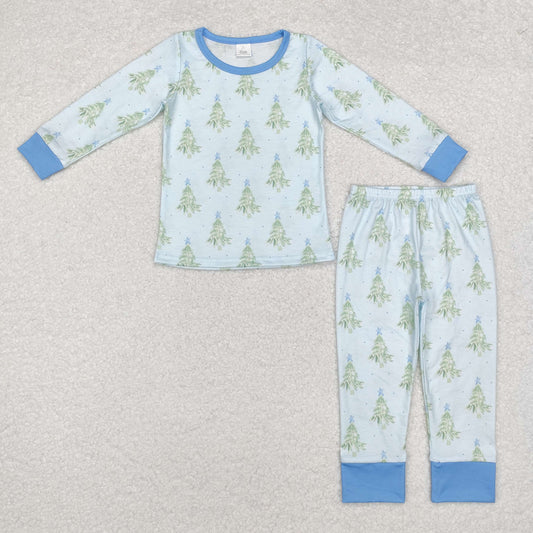 Christmas blue tree Print Long Sleeve Pajamas ( material contains bamboo )