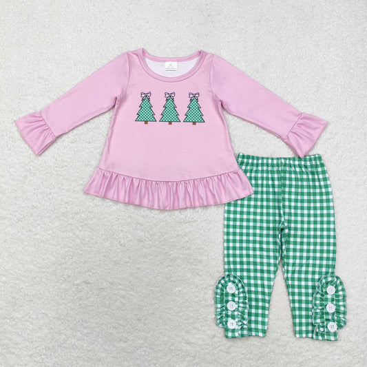 Christmas Pink Tree Green plaid Pants Girls Set