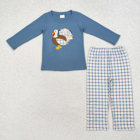 thanksgiving turkey embroidery Blue Plaid Boy Set