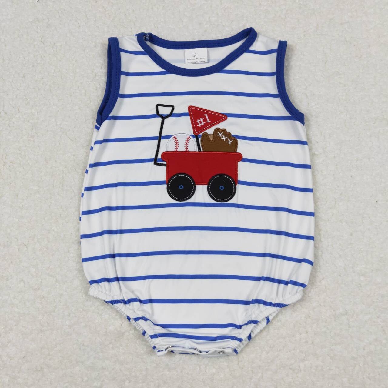 blue stripe baseball Embroidery baby romper
