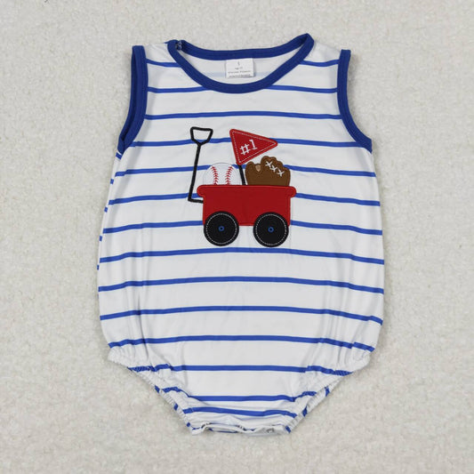 blue stripe baseball Embroidery baby romper