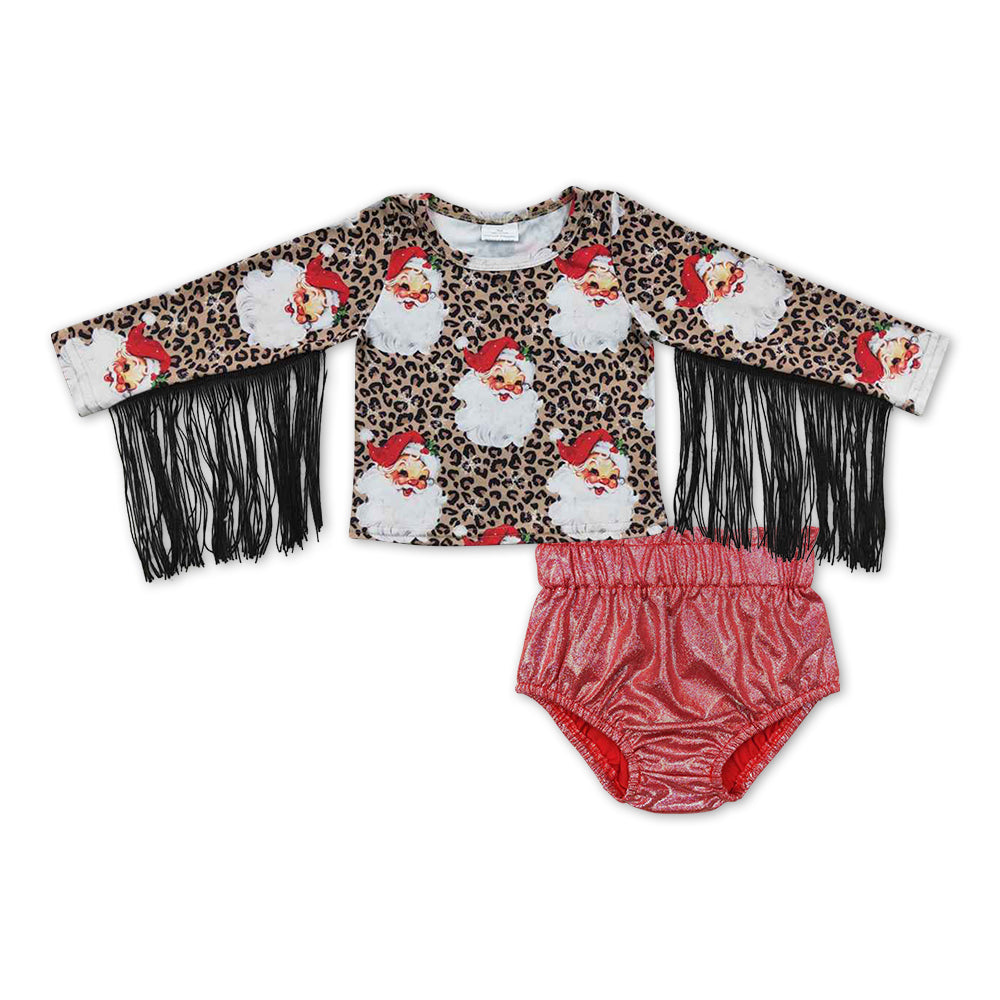 Christmas Leopard Print Santa tassel Girls Bummies