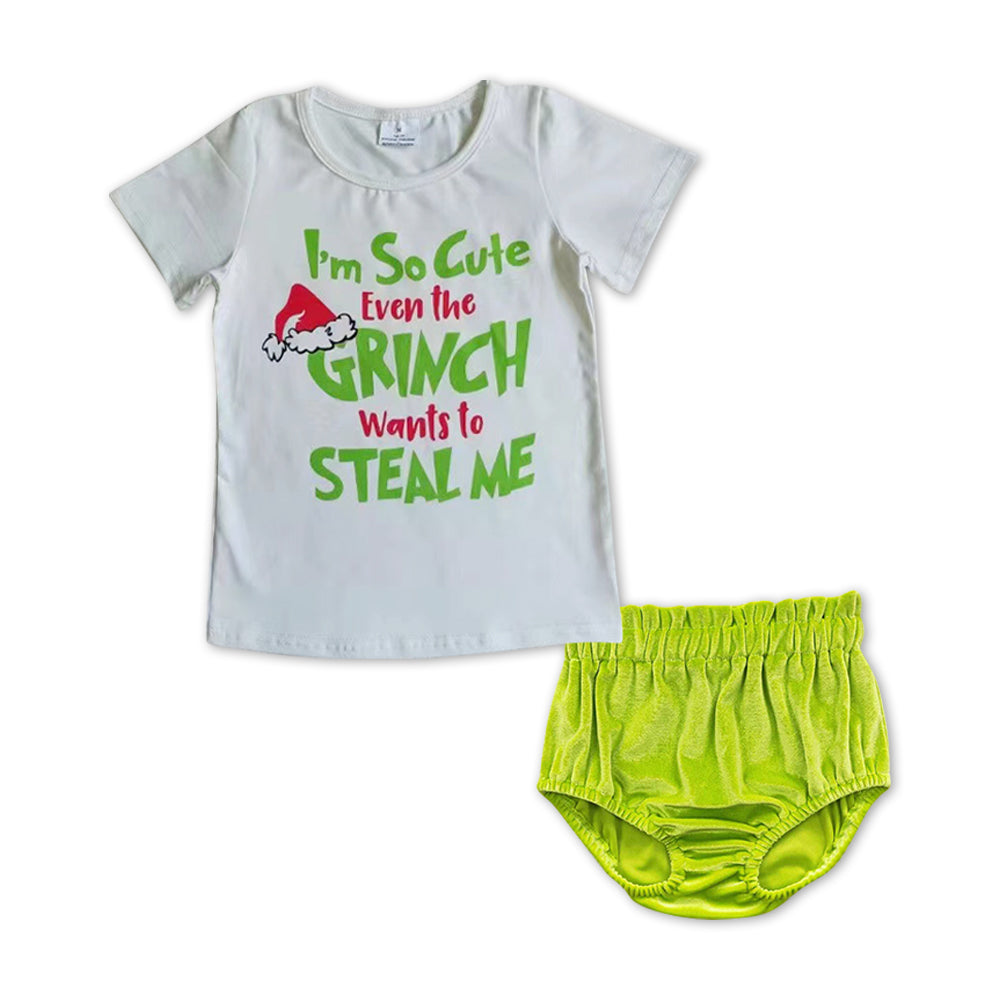 Christmas Cartoon Green velvet Girls Bummies