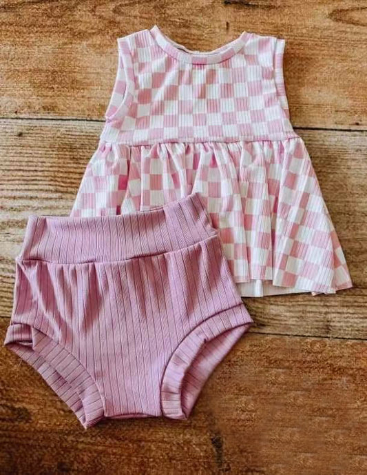 pre-order Pink plaid sleeveless Bummies Set GBO0471