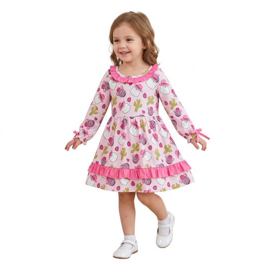 GLD0753 Christmas Santa Cactus Ruffles Girl's Dress