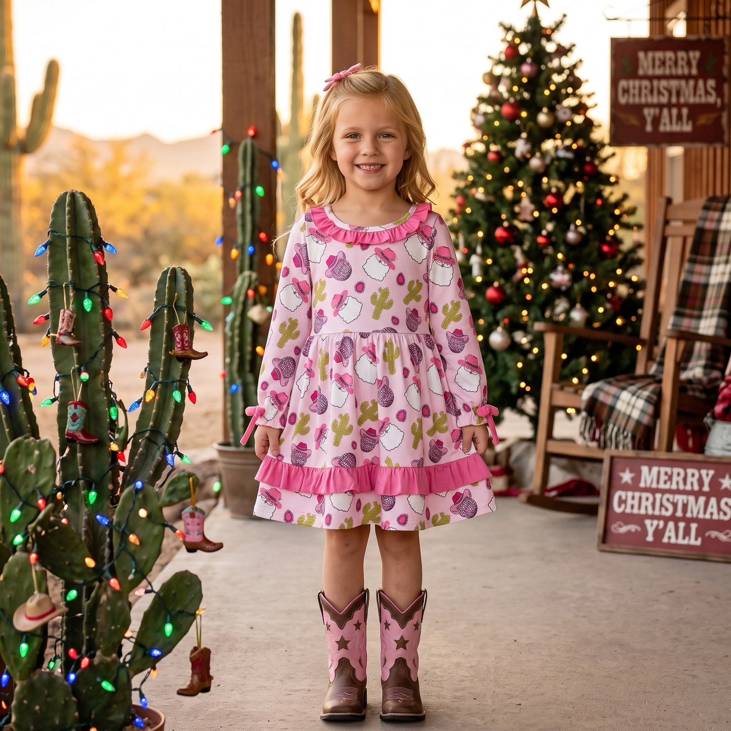 GLD0753 Christmas Santa Cactus Ruffles Girl's Dress