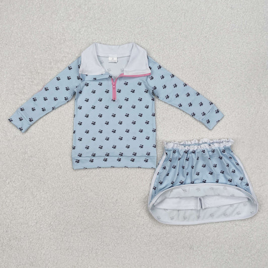 Light blue leaves flowers Long Sleeve Girls Set