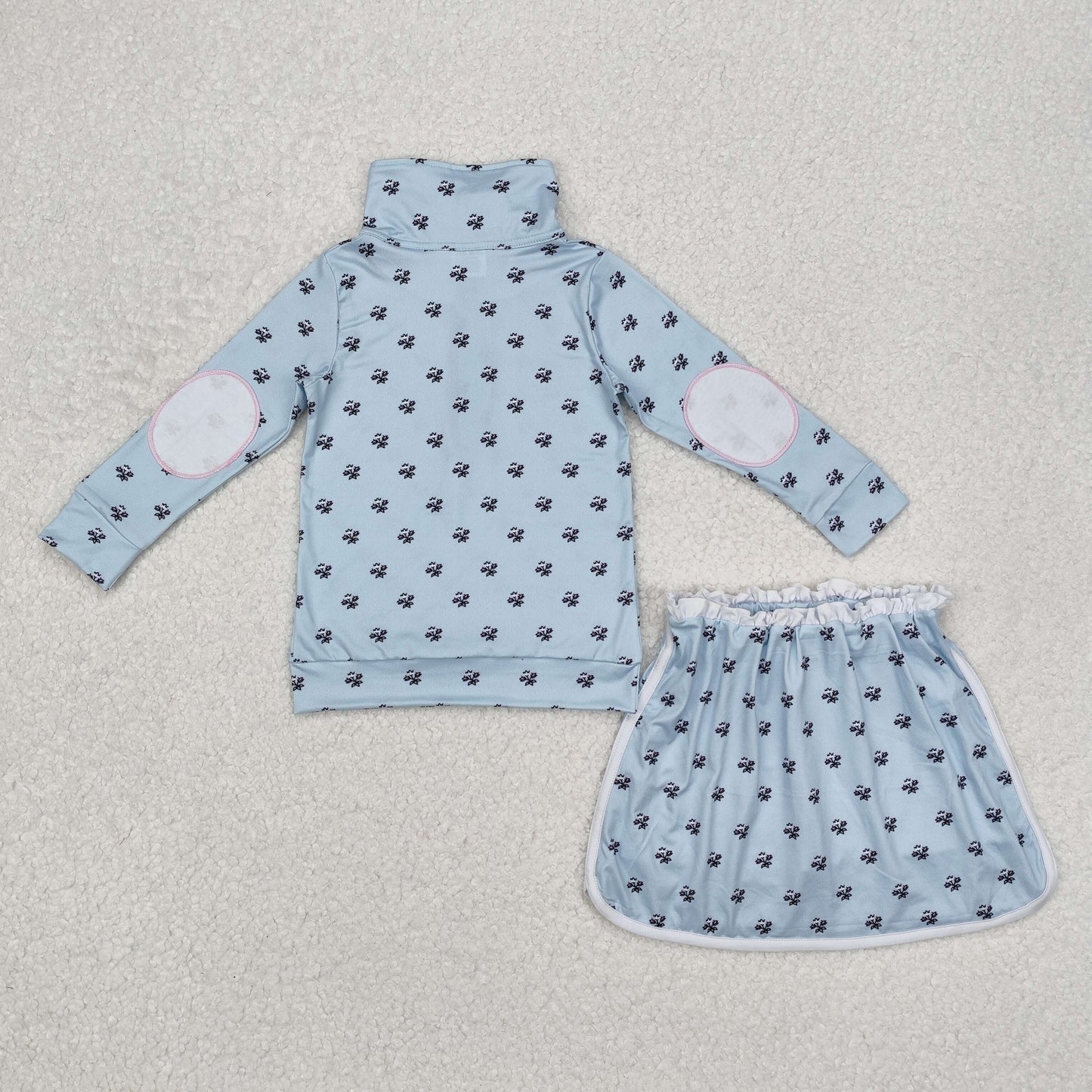 Light blue leaves flowers Long Sleeve Girls Set