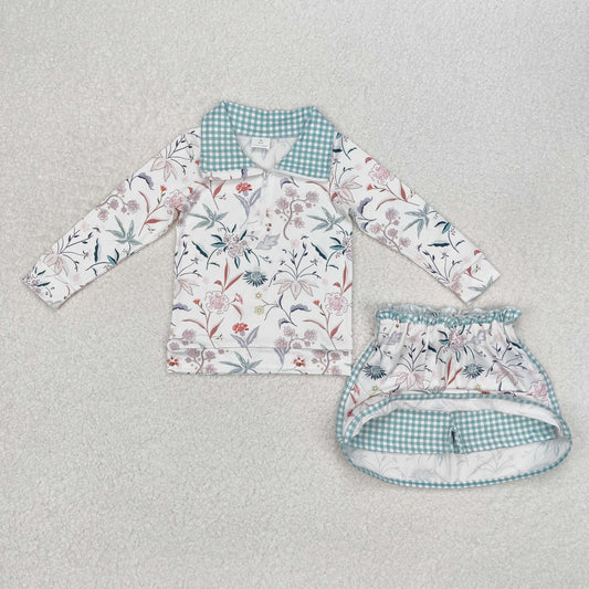 Green plaid leaves flowers Long Sleeve Girls Set