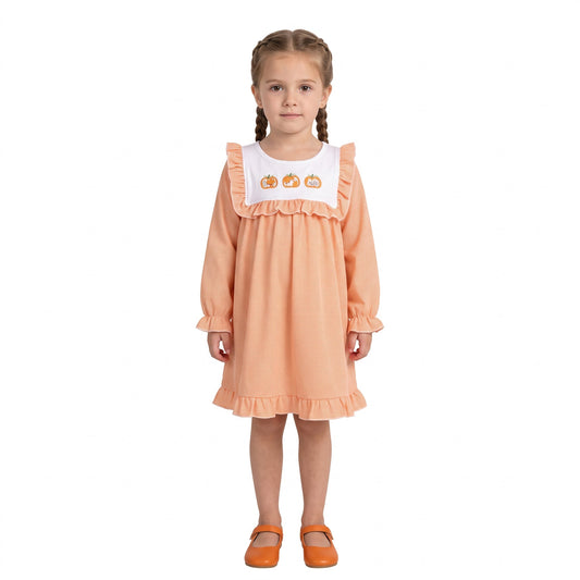 GLD1645 Embroidery Pumpkin Orange Ruffles Girl's Dress