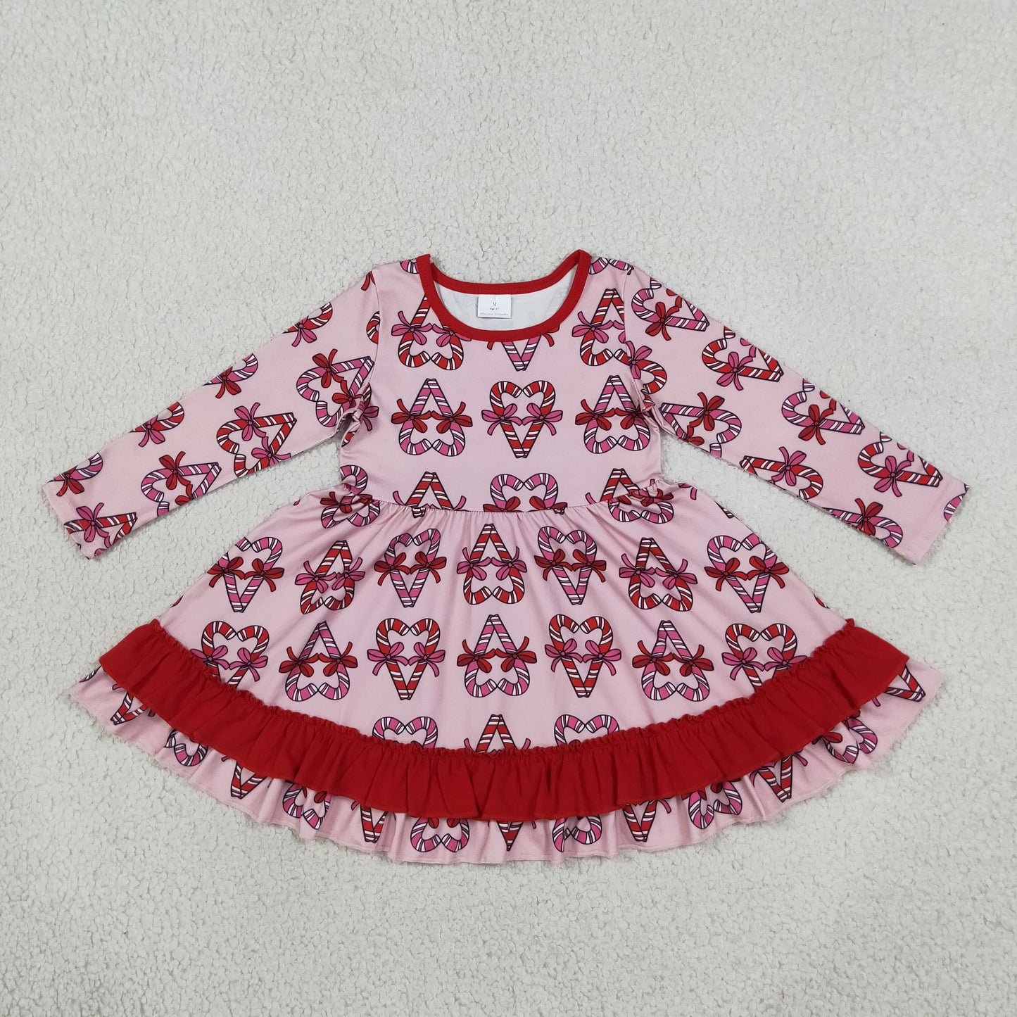 GLD1695 Christmas Santa Canes Red Ruffles Girl's Dress