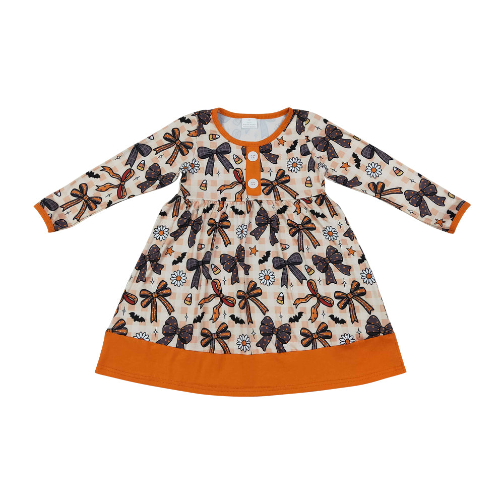 Halloween Pumpkin Bow Long Sleeve Girls Dress GLD1708