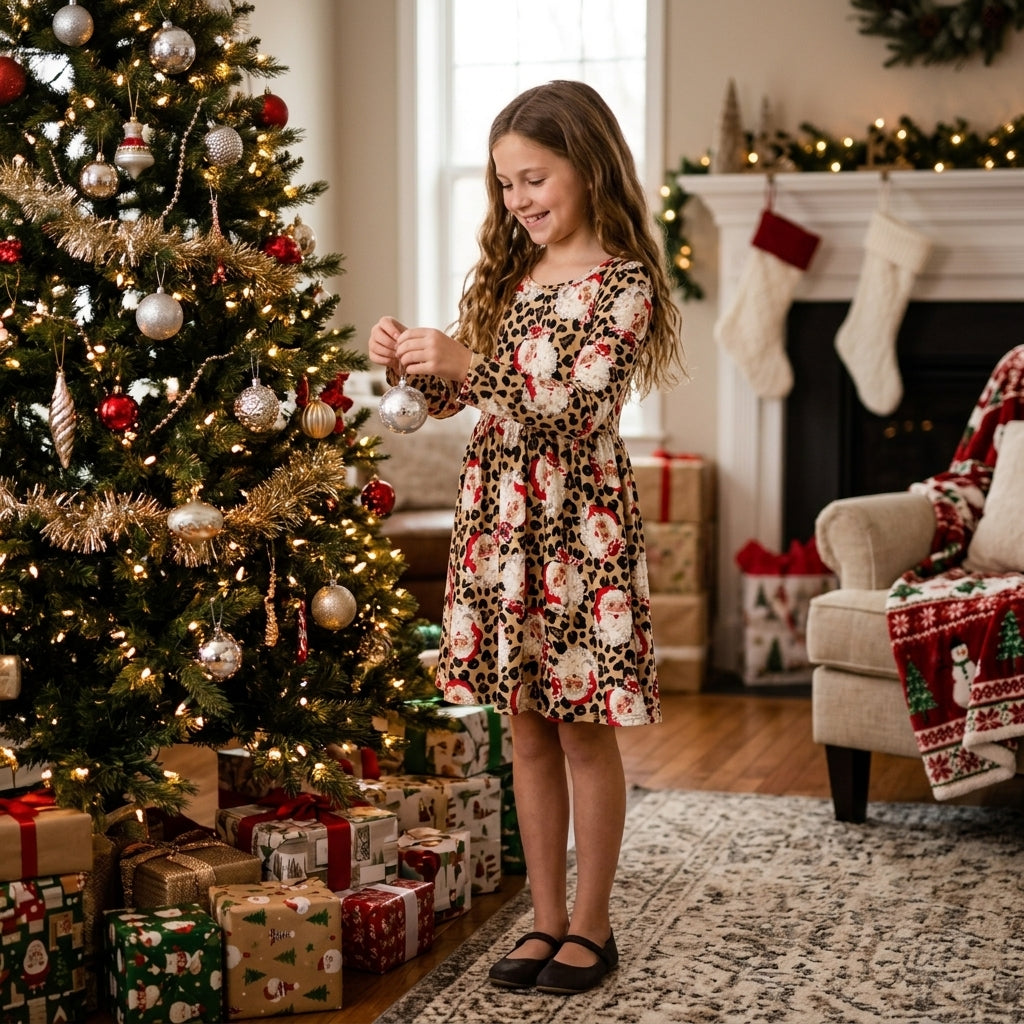 GLD1761 Christmas Santa Leopard Girl's Dress