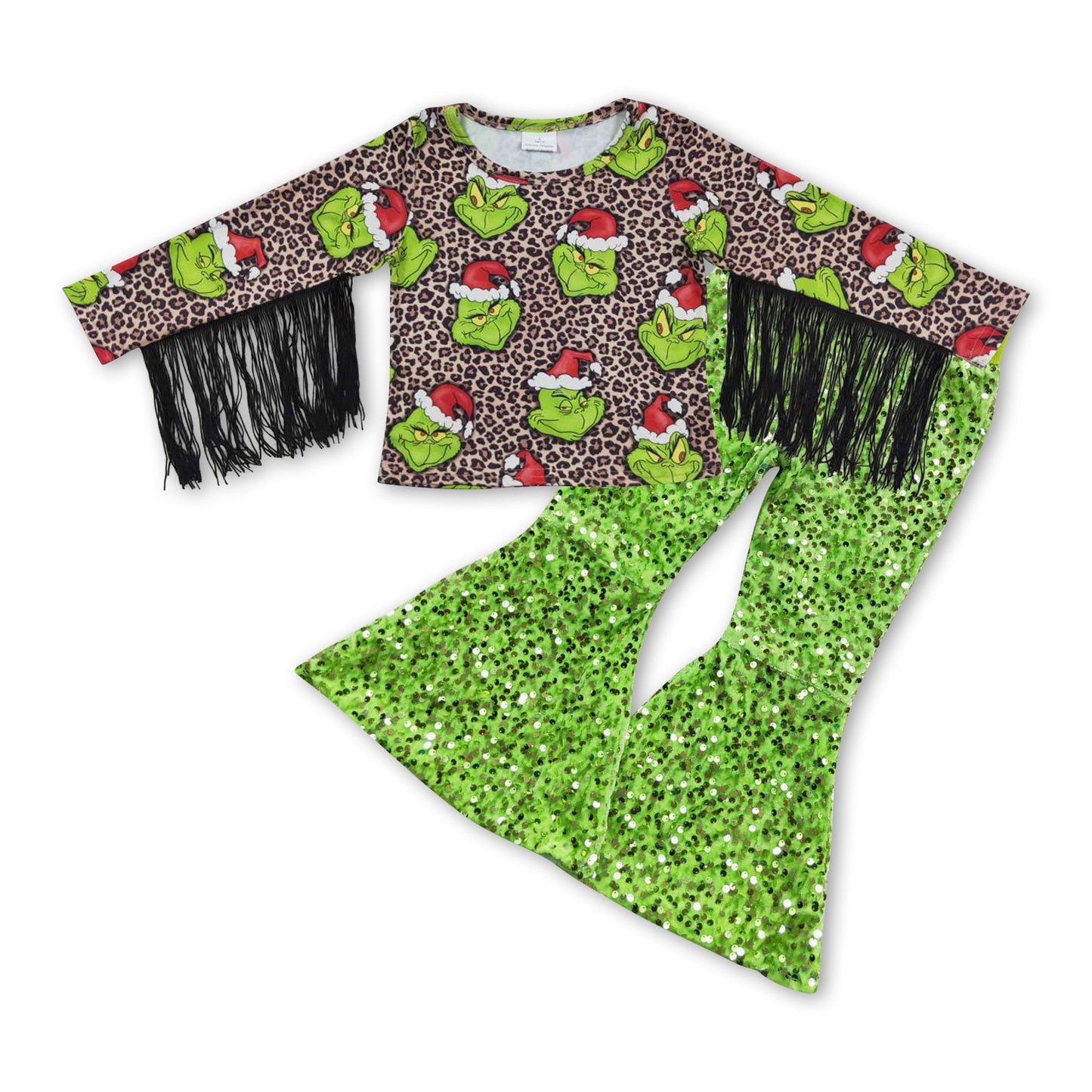 Christmas Red Cartoon Tassel Leopard Top Green Sequins