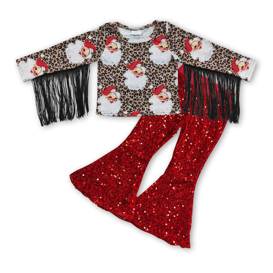 Christmas Red Cartoon Tassel Leopard Top Red Sequins