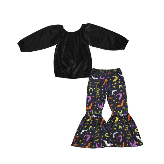 Halloween Black Velvet Ruffle Girls Top Bell Pants Girls Set