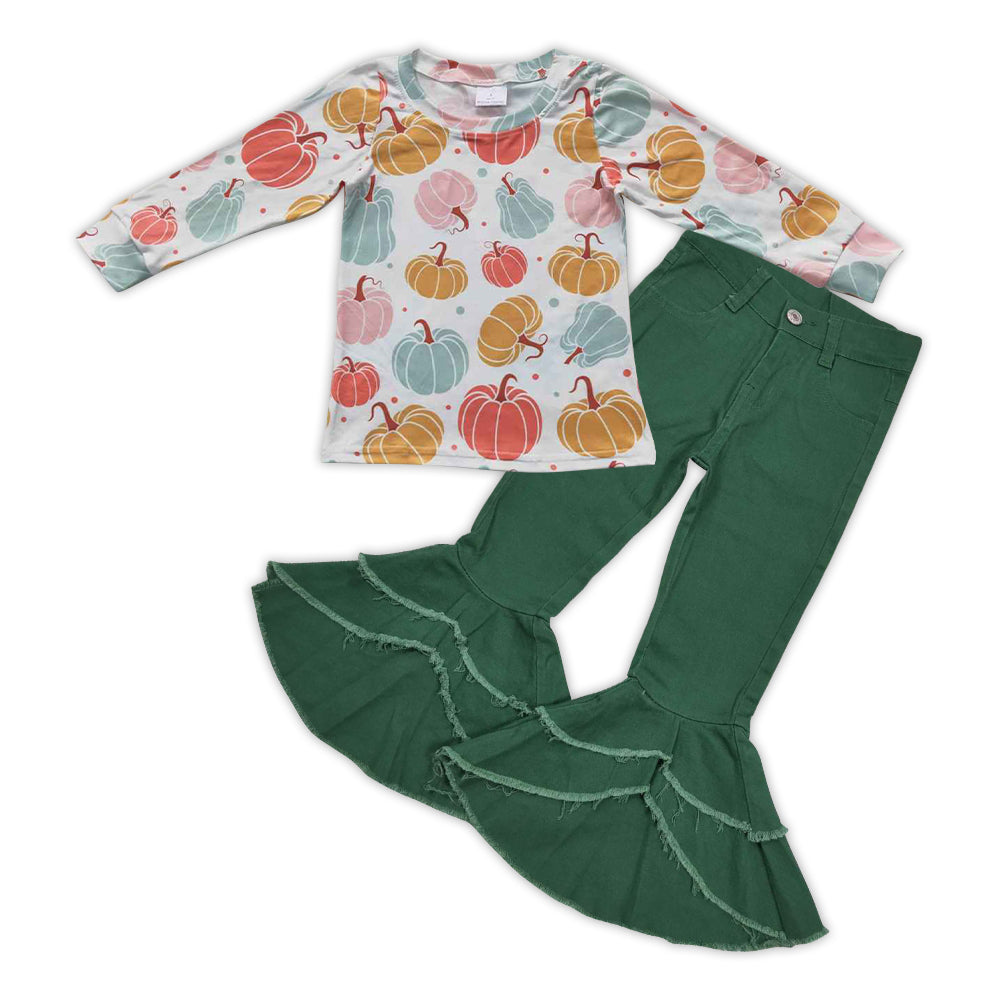 Pumpkin Shirt Green Bell Pants Jeans