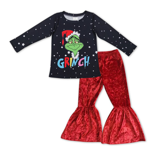 Christmas Black Cartoon Red velvet bottom Girls Set