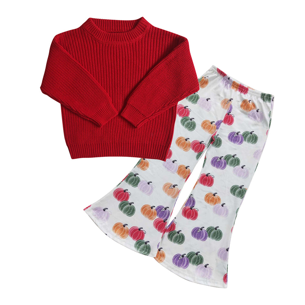 Fall Red Sweater Pumpkin Print Bell Pants Jeans