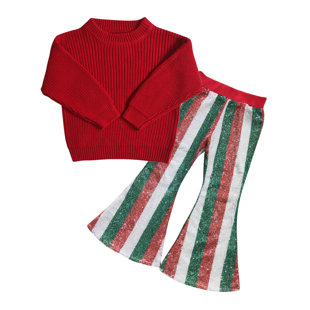 Sweater Green Red white stripes Print Bell Pants Jeans