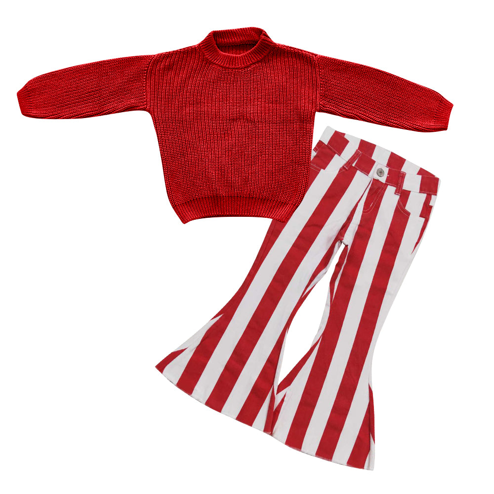 Red Sweater Red white stripes stripes Print Bell Pants Jeans