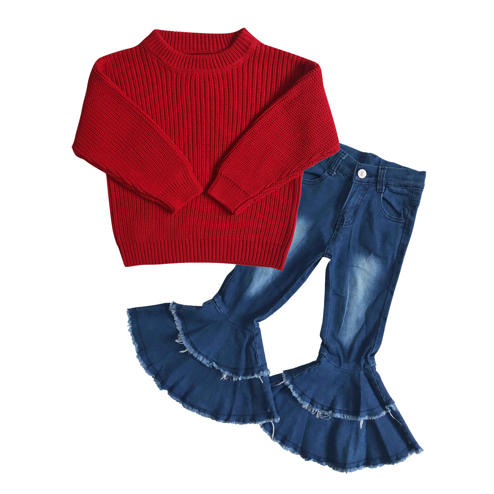 Red Sweater Blue Bell Pants Jeans