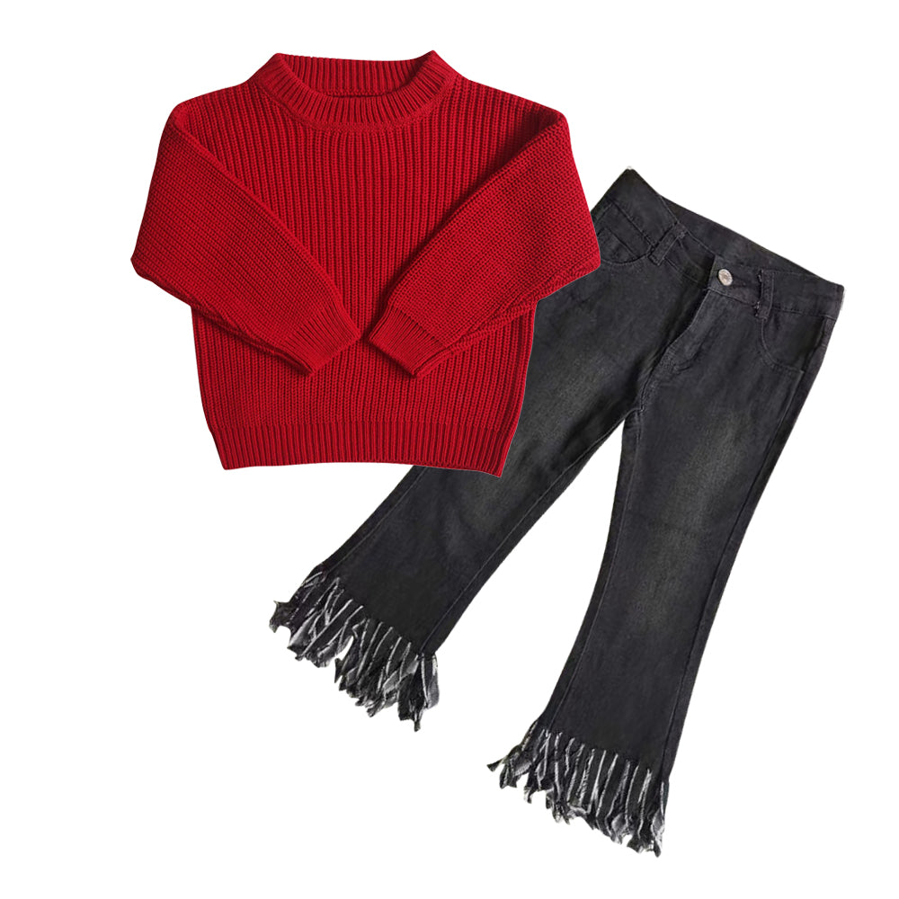 Red Sweater Black leggings Tassel Pants Jeans