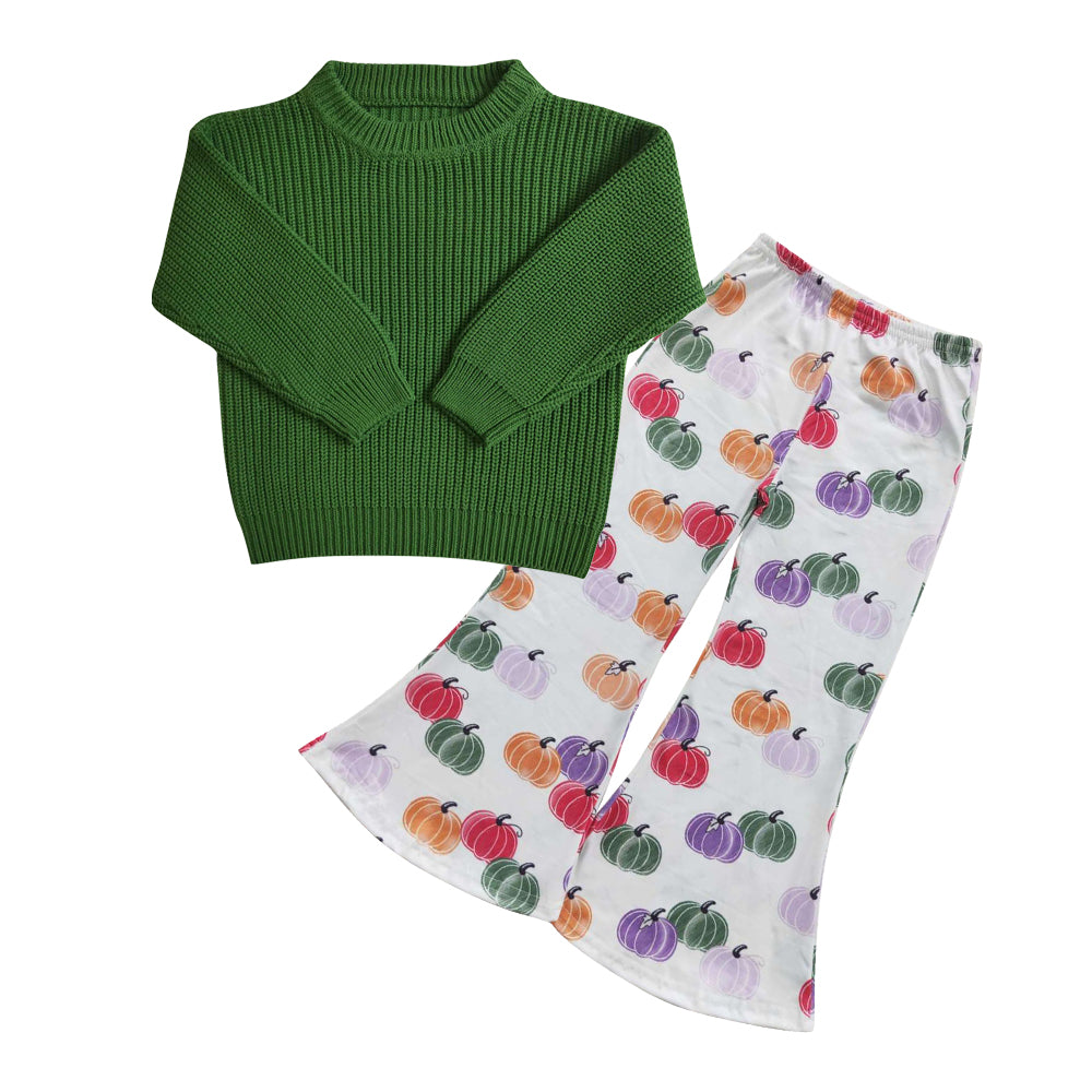 Fall Green Sweater Pumpkin Print Bell Pants Jeans