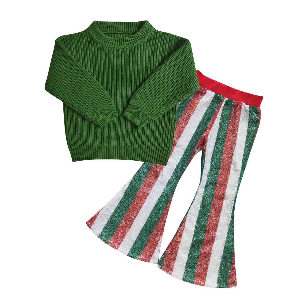 Green Sweater Green Red white stripes Print Bell Pants Jeans