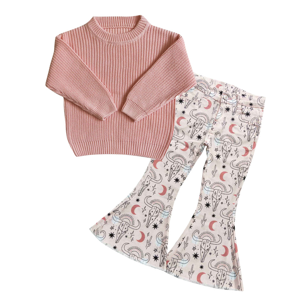 Pink Sweater Cactus Cow Print Bell Pants Jeans