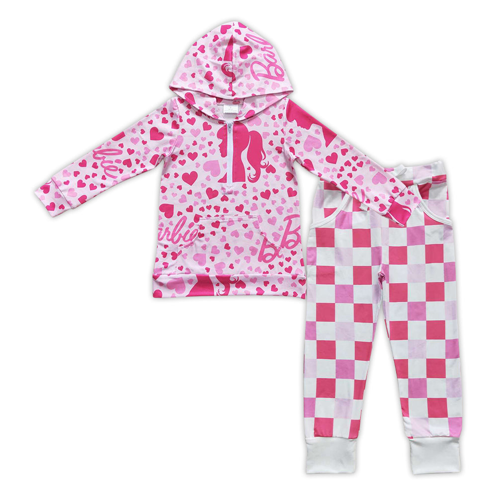 Pink Cartoon Print Plaid leggings Pants Girls Set