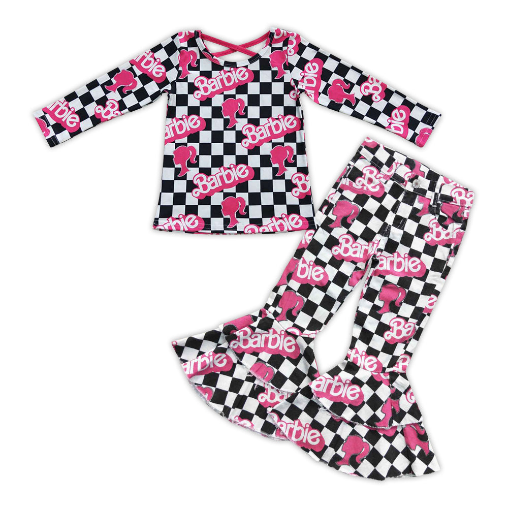 Plaid Letter Print Baby Shirt Black Plaid Bell Pants Jeans