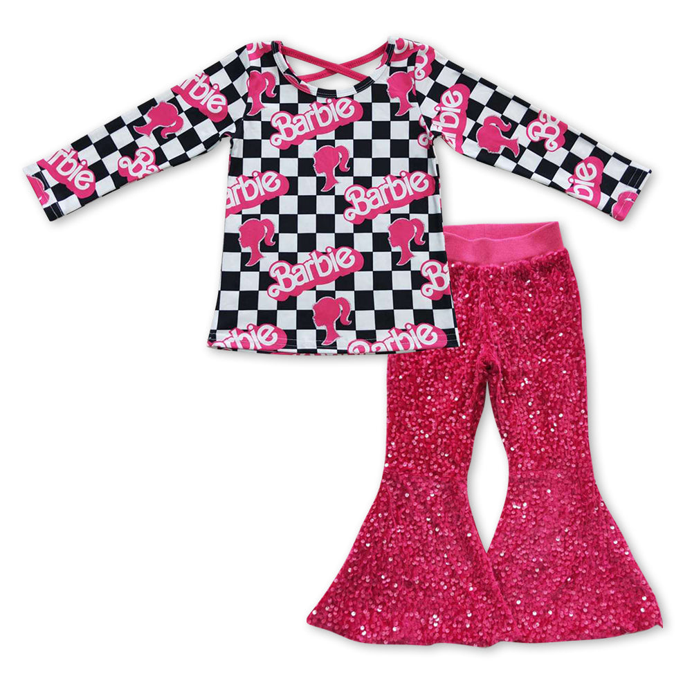 black and white plaid letters Baby Shirt Purple Sequin Bell Pants