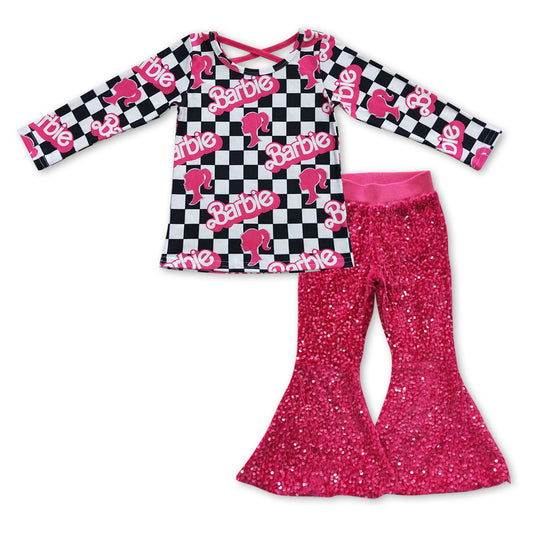 black and white plaid letters Baby Shirt Purple Sequin Bell Pants
