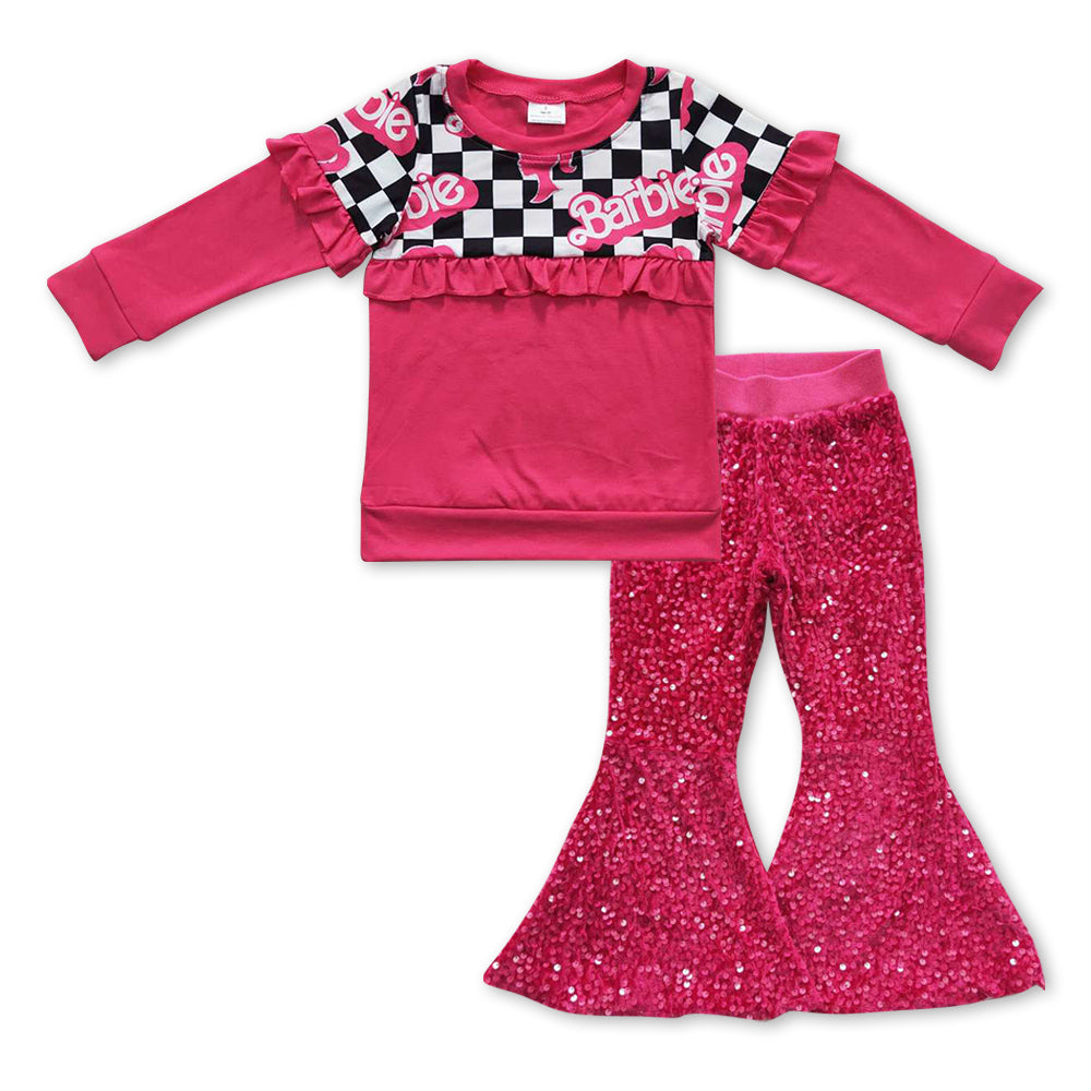 black and white plaid letters Baby Shirt Purple Sequin Bell Pants