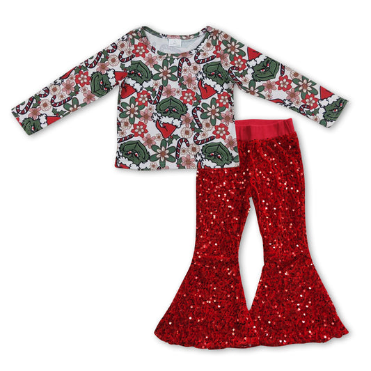 Christmas Green Cartoon Baby Shirt Red Sequin Bell Pants