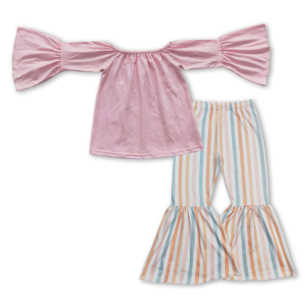 Pink Long Sleeve Stripe Bell Pants Girls Set