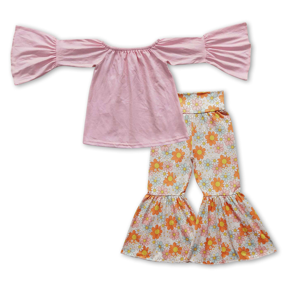 Pink Long Sleeve Flroal Bell Pants Girls Set