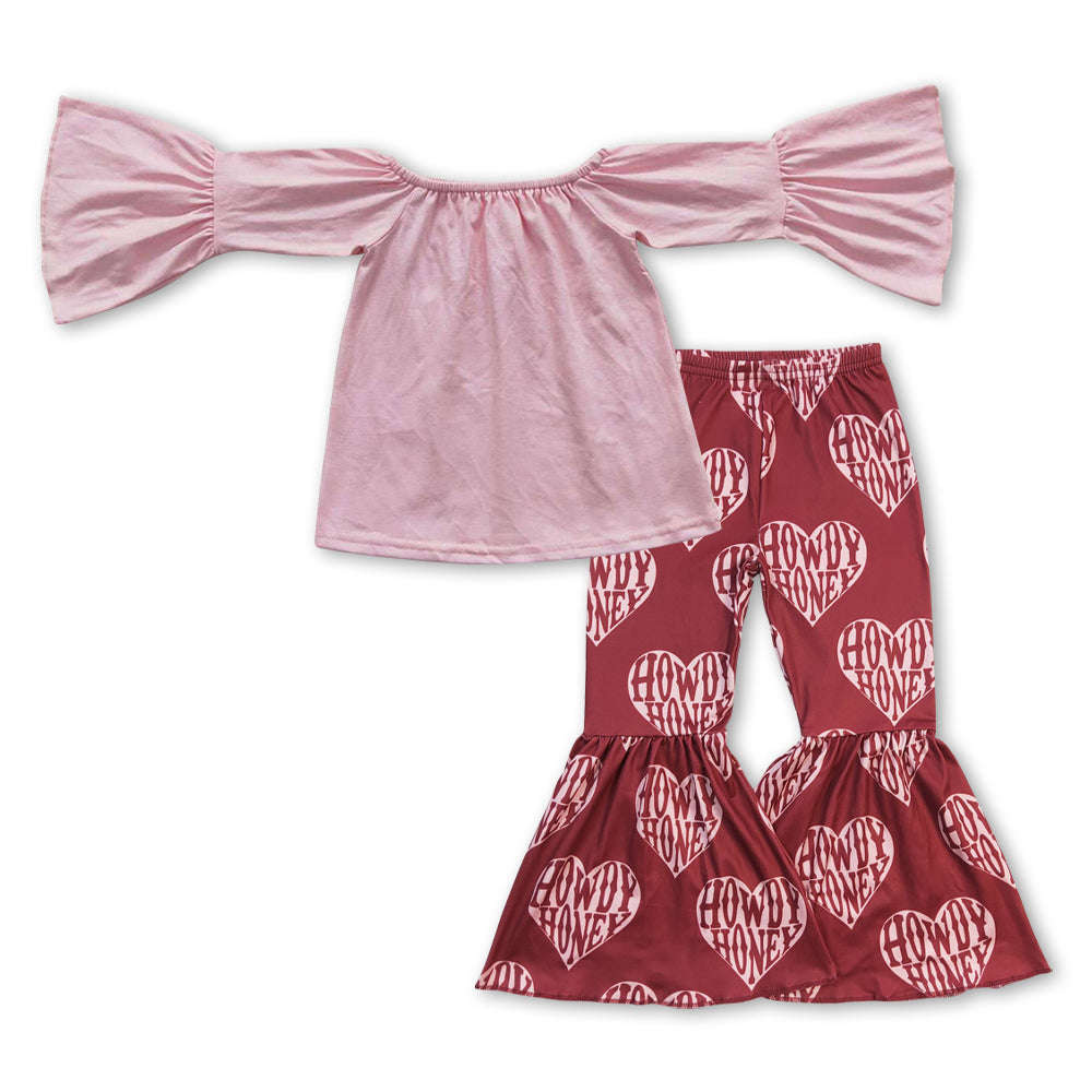 Pink Long Sleeve Heart Print Bell Pants Girls Set