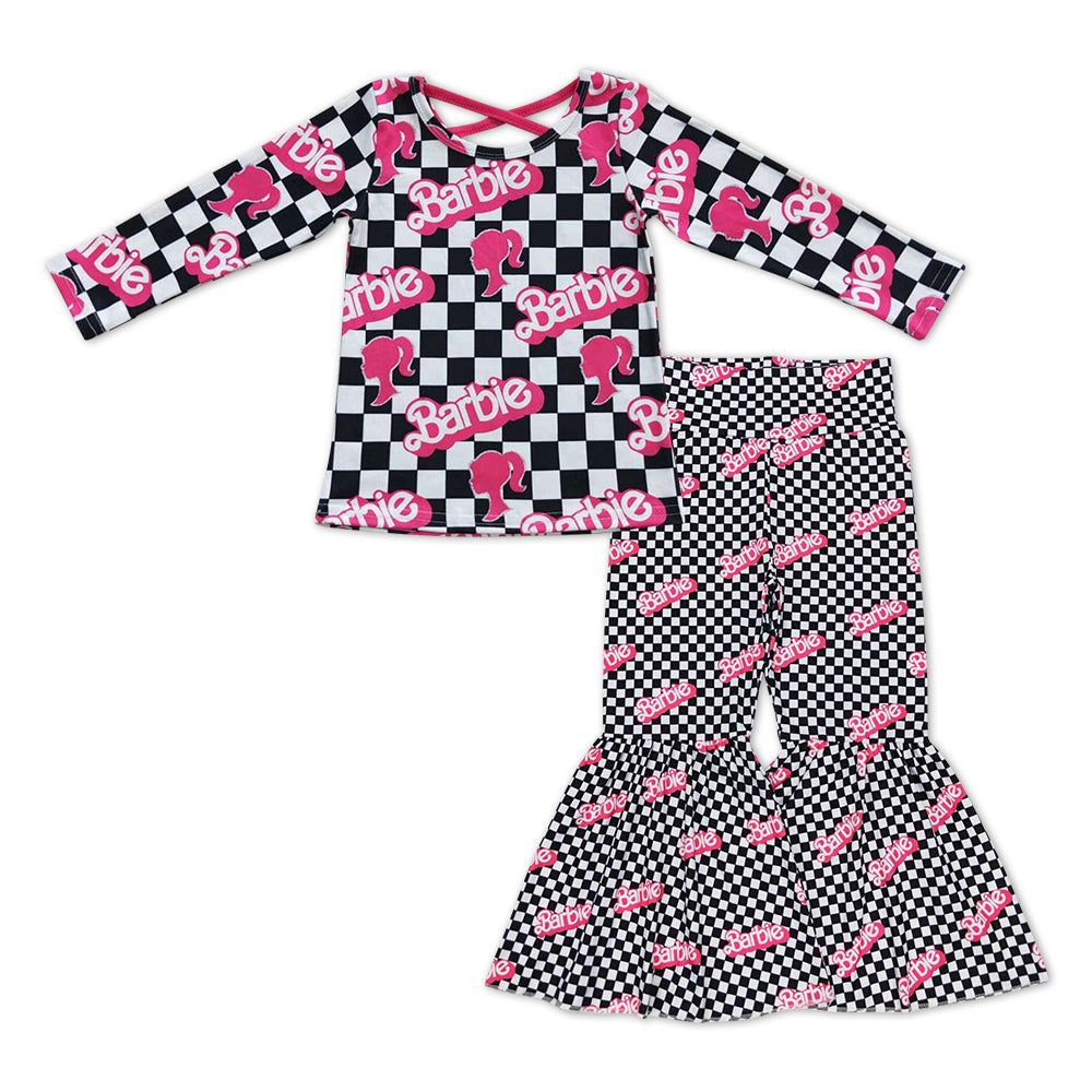 Pink Letter Black Plaid Cartoon Pink Girls Set