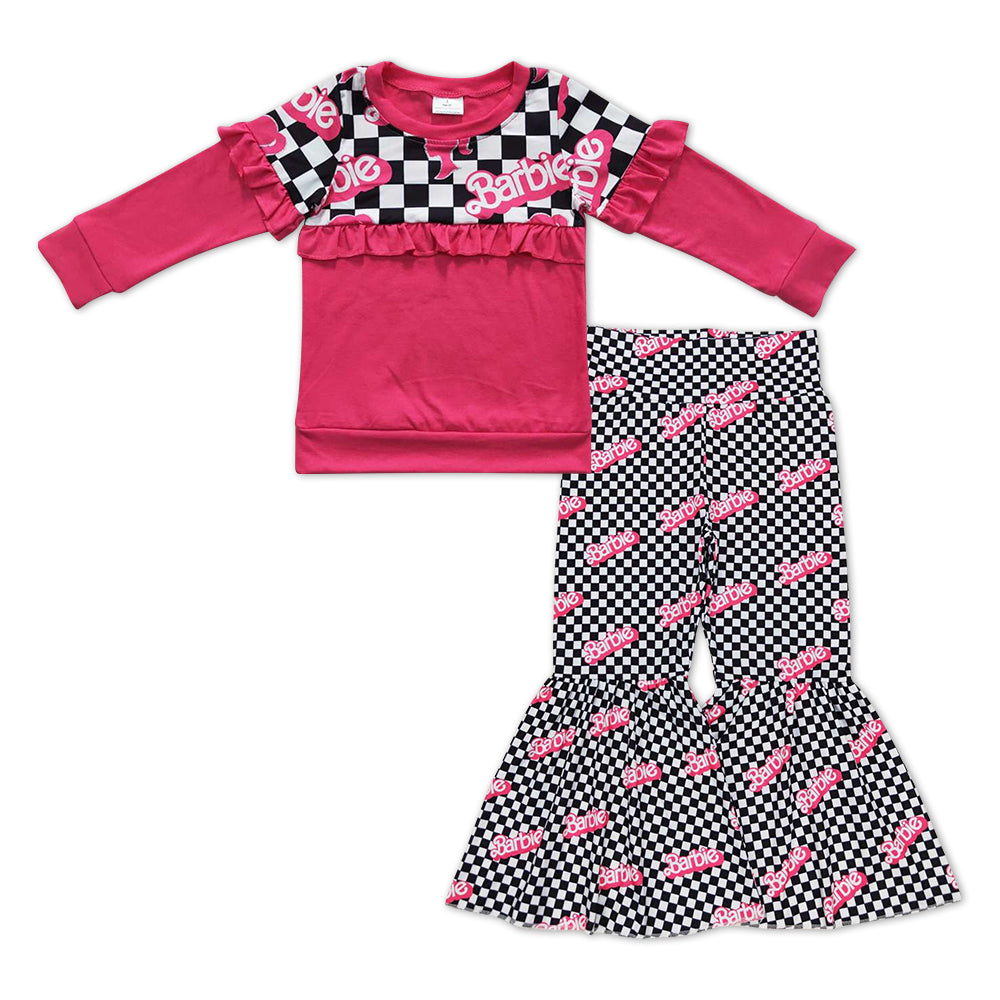 Pink Letter Black Plaid Cartoon Pink Girls Set