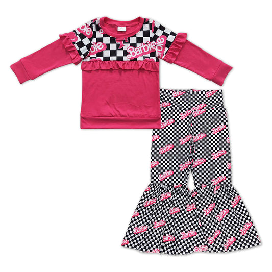 Pink Letter Black Plaid Cartoon Pink Girls Set