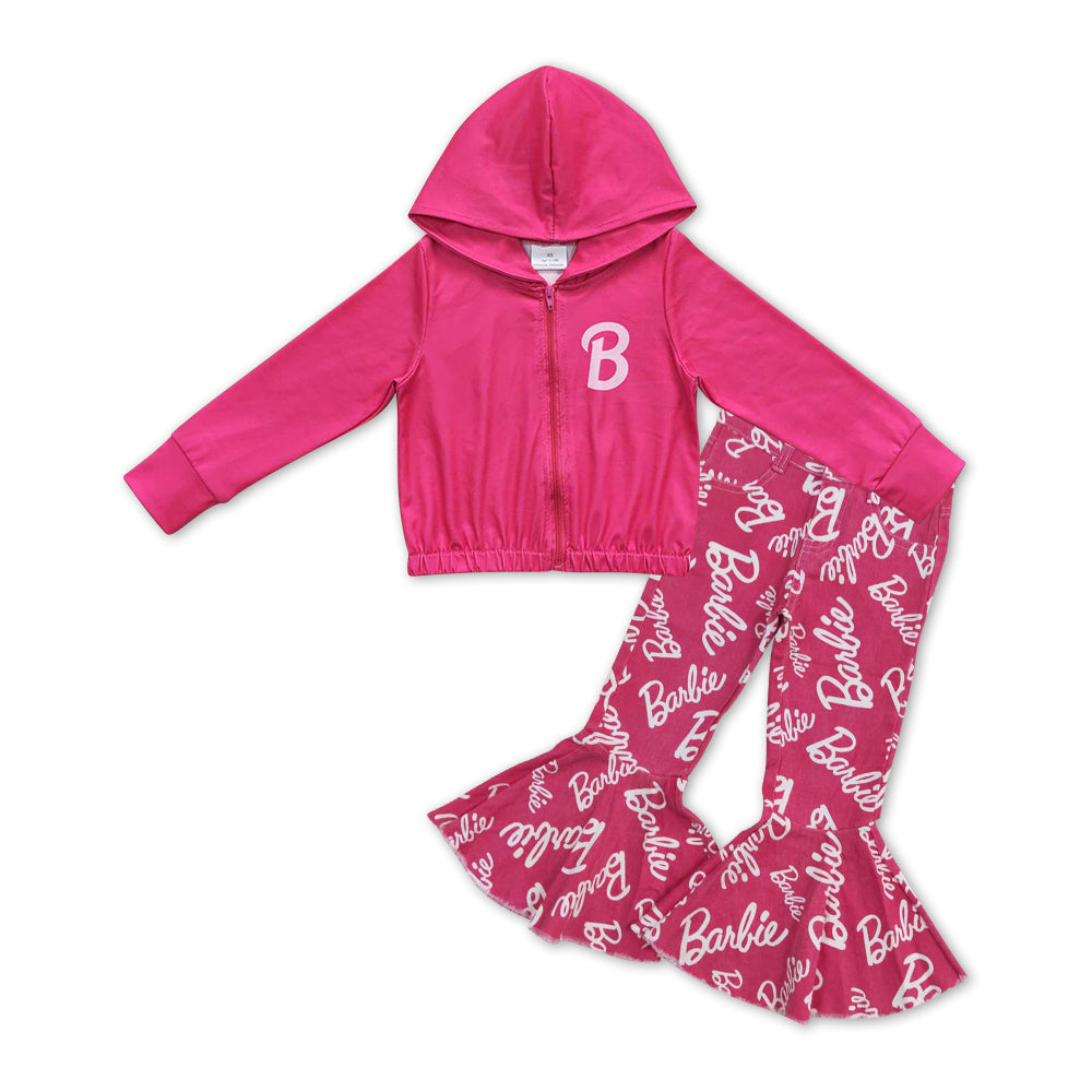 Hot Pink Zipper Coat+Pink Bell Pants Jeans