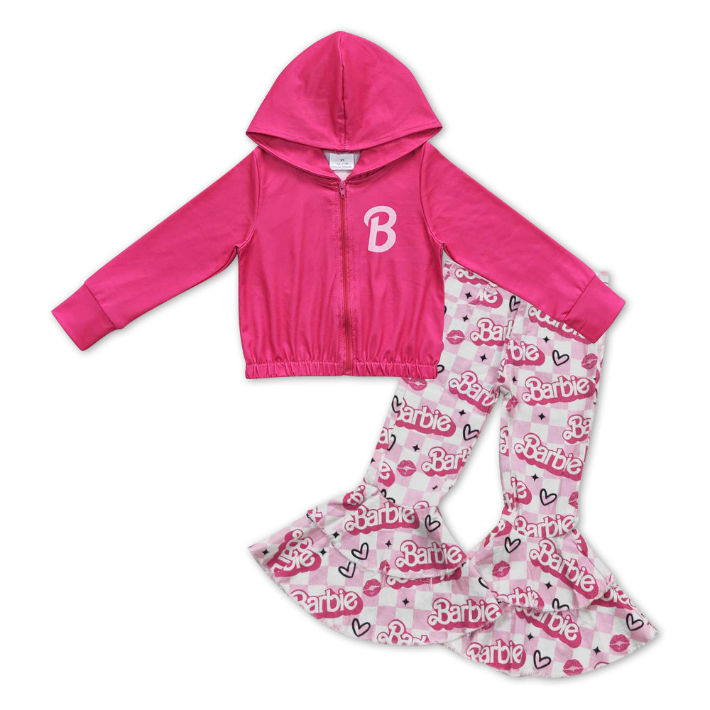 Hot Pink Zipper Coat+ light Pink Bell Pants Jeans