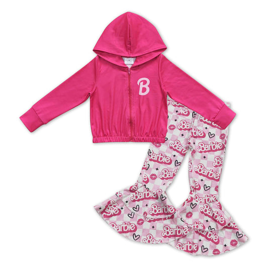 Hot Pink Zipper Coat+ light Pink Bell Pants Jeans