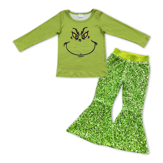 Christmas Green Cartoon Baby Shirt Green Sequin Bell Pants