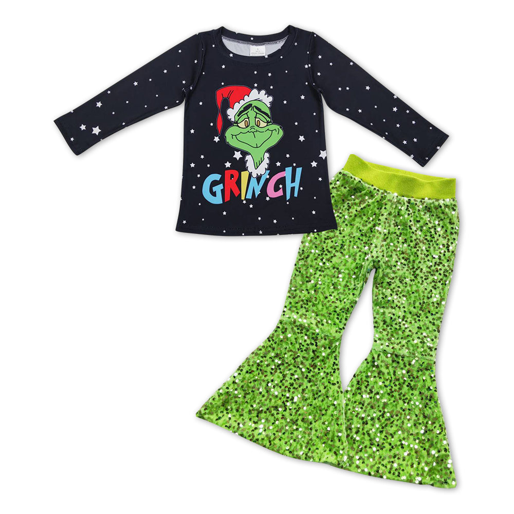 Christmas Black Cartoon Baby Shirt Green Sequin Bell Pants
