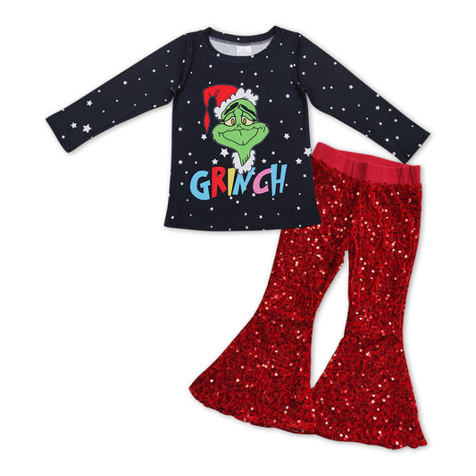 Christmas Black Cartoon Baby Shirt Red Sequin Bell Pants