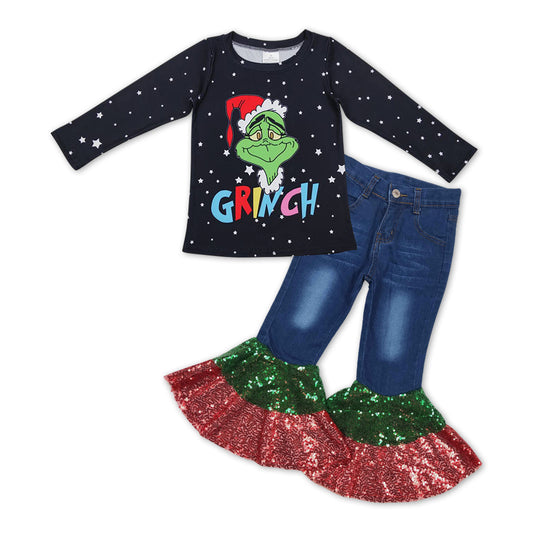 Christmas Black Cartoon Baby Shirt Bottom sequin Bell Pants Jeans