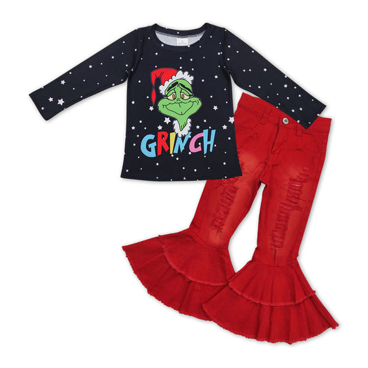 Christmas Black Cartoon Baby Shirt Red Bell Pants Jeans